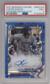 Austin Martin from the 2021 Bowman Sapphire Edition set graded by PSA and given an overall grade of 9.