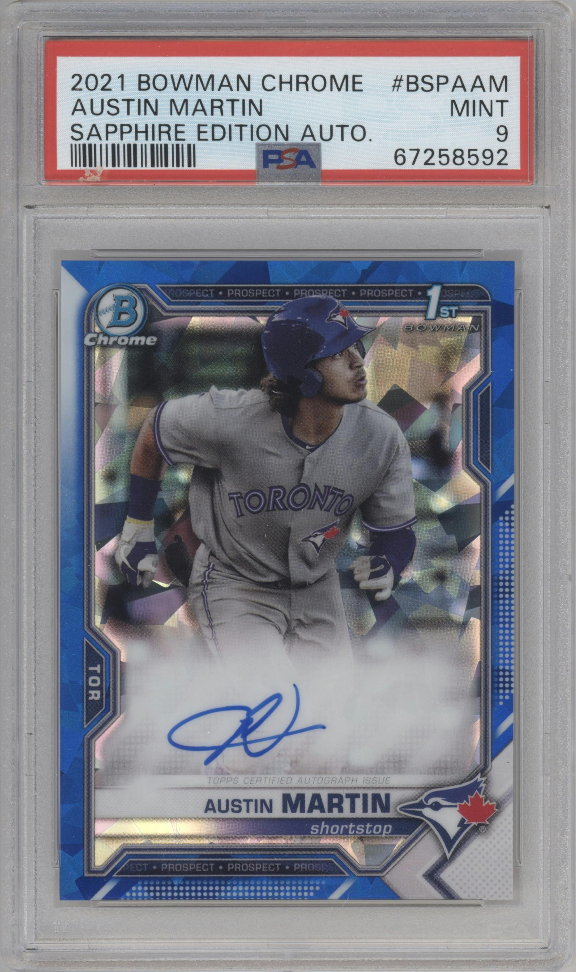 Austin Martin from the 2021 Bowman Sapphire Edition set graded by PSA and given an overall grade of 9.