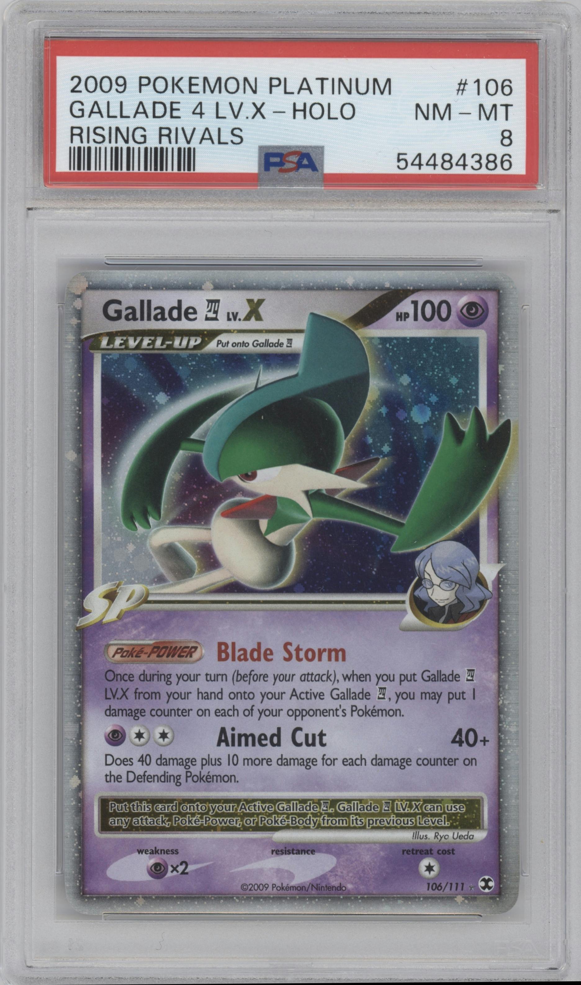 Gallade 4 Lv.X from the 2009 Pokemon Platinum set graded by PSA and given an overall grade of 8.