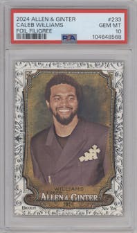 Caleb Williams from the 2024 Topps Allen & Ginter set featuring a Foil Filigree parallel graded by PSA and given an overall grade of 10.