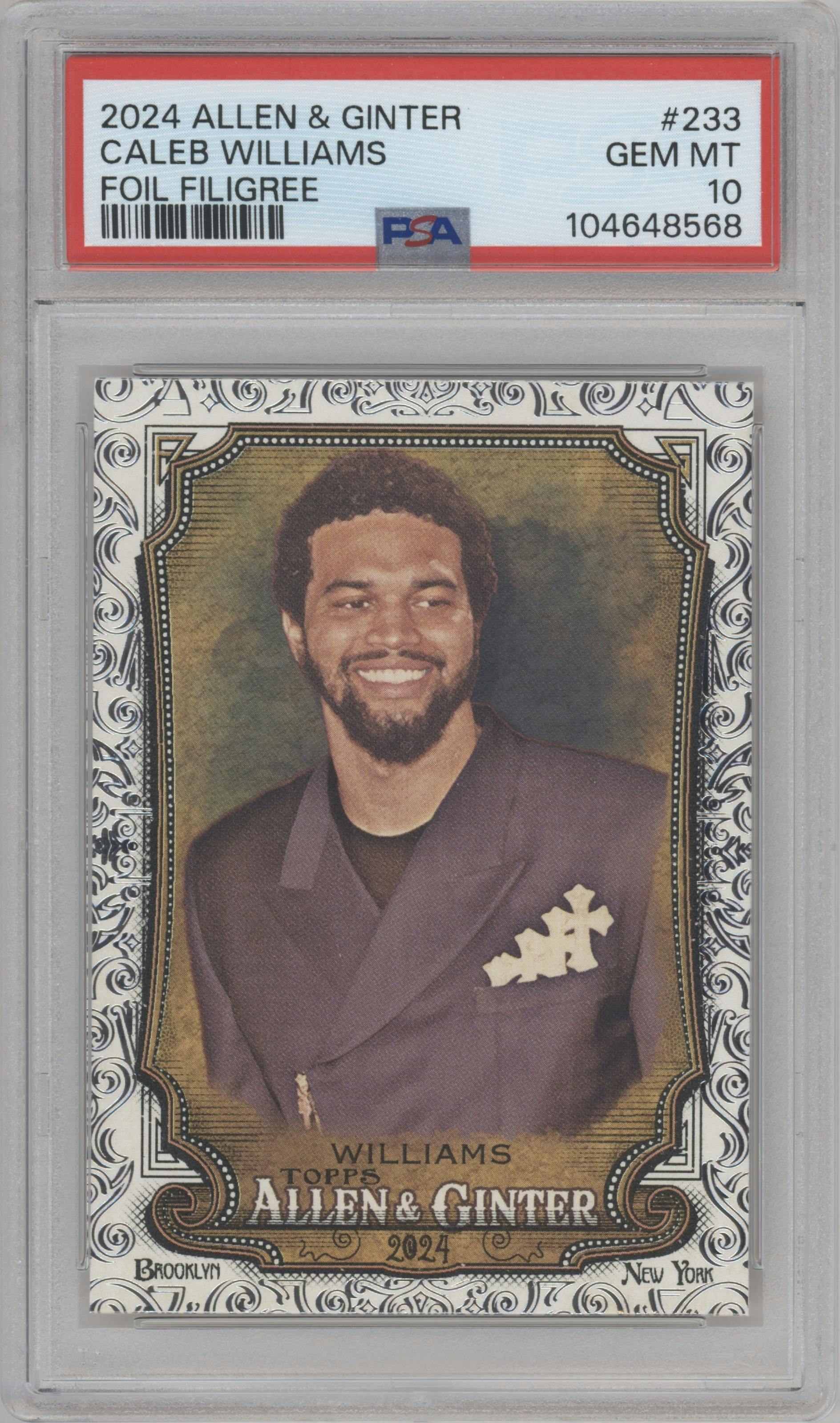 Caleb Williams from the 2024 Topps Allen & Ginter set featuring a Foil Filigree parallel graded by PSA and given an overall grade of 10.