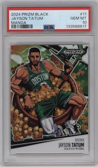 Jayson Tatum from the 2024-25 Panini Prizm Black set graded by PSA and given an overall grade of 10.