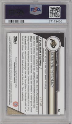 Shedeur Sanders from the 2023 Bowman Chrome University set featuring a Gold Lava Refractor parallel graded by PSA and given an overall grade of 10.