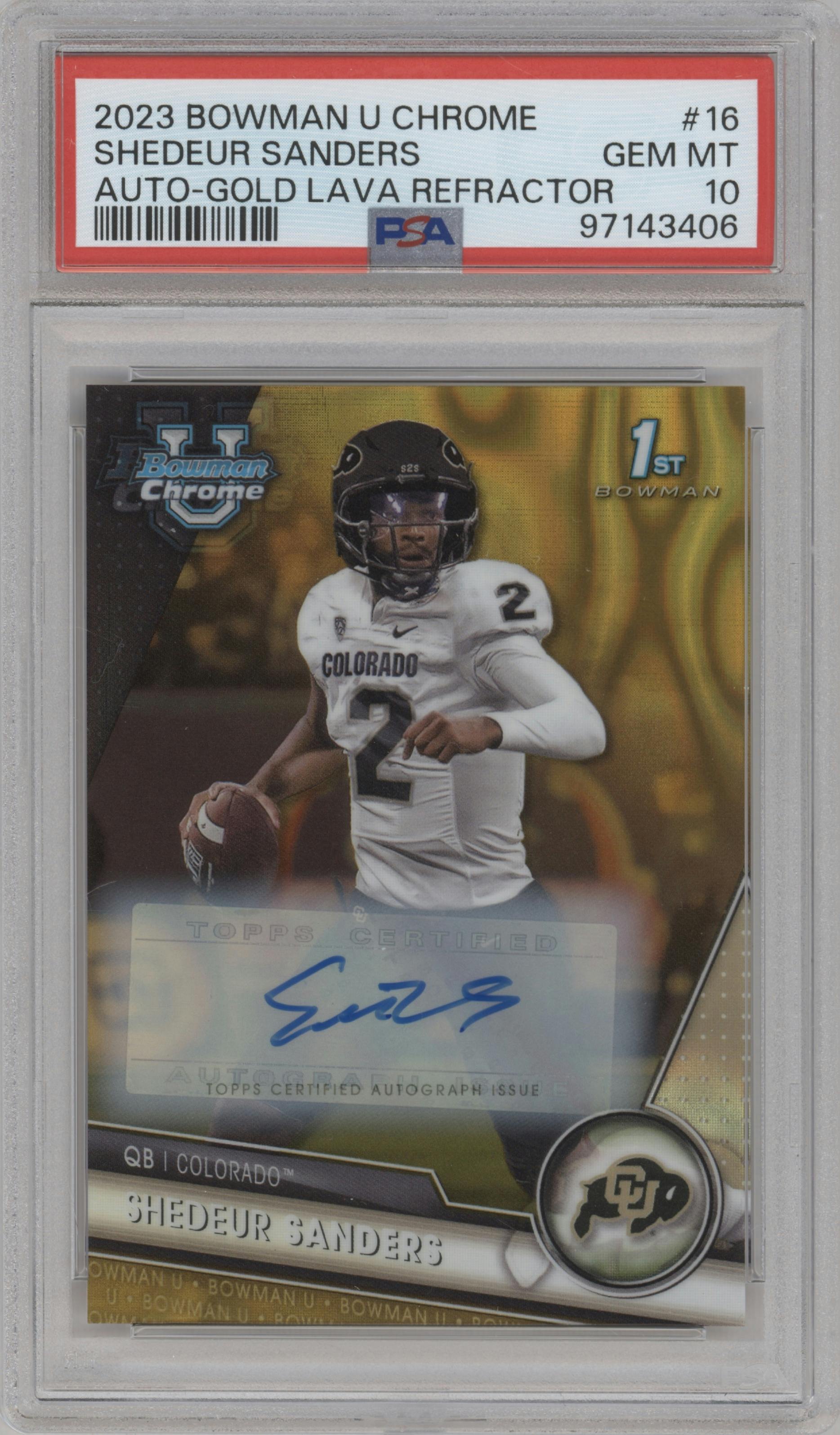 Shedeur Sanders from the 2023 Bowman Chrome University set featuring a Gold Lava Refractor parallel graded by PSA and given an overall grade of 10.