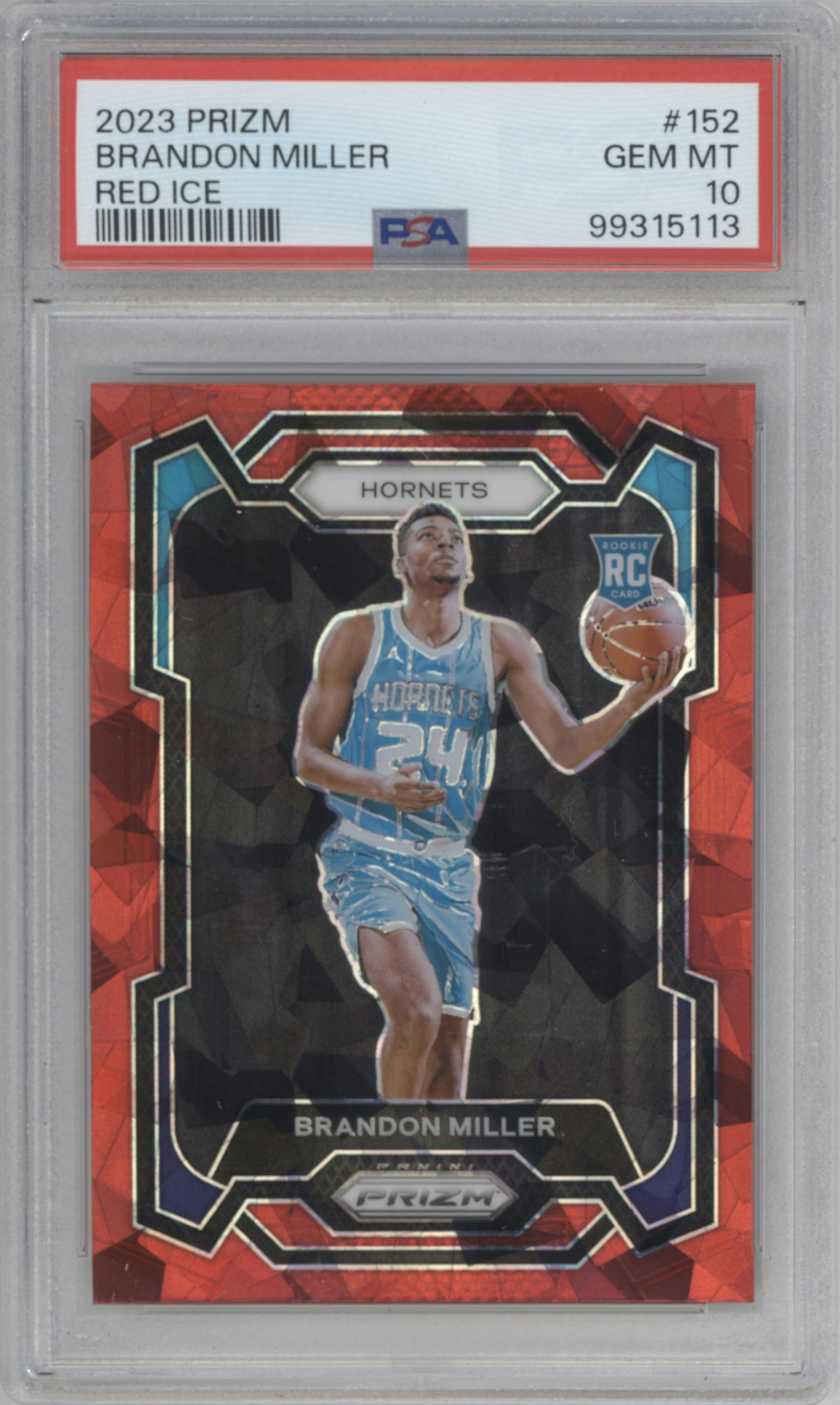 Brandon Miller from the 2023-24 Panini Prizm set featuring a Red Ice parallel graded by PSA and given an overall grade of 10.