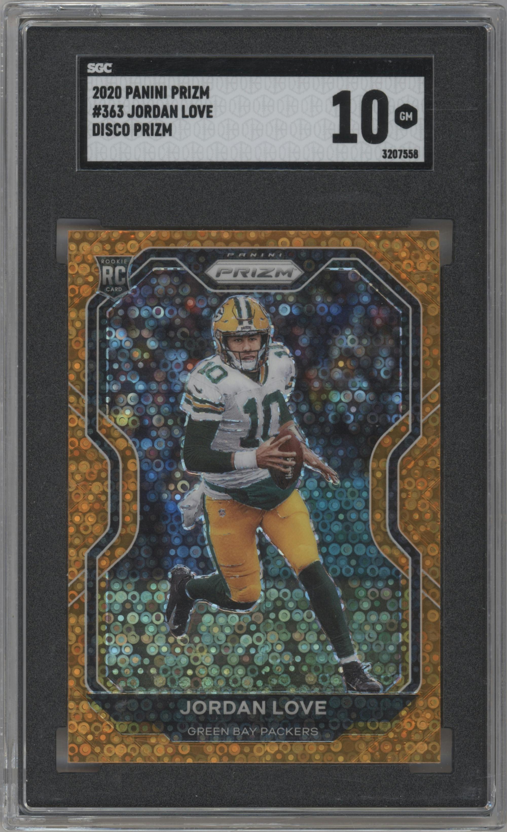Jordan Love from the 2020 Panini Prizm set featuring a Disco parallel graded by SGC and given an overall grade of 10.