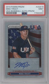 Mike Trout from the 2013 Panini Prizm set featuring a Base Prizm Signatures parallel graded by PSA and given an overall grade of 9.