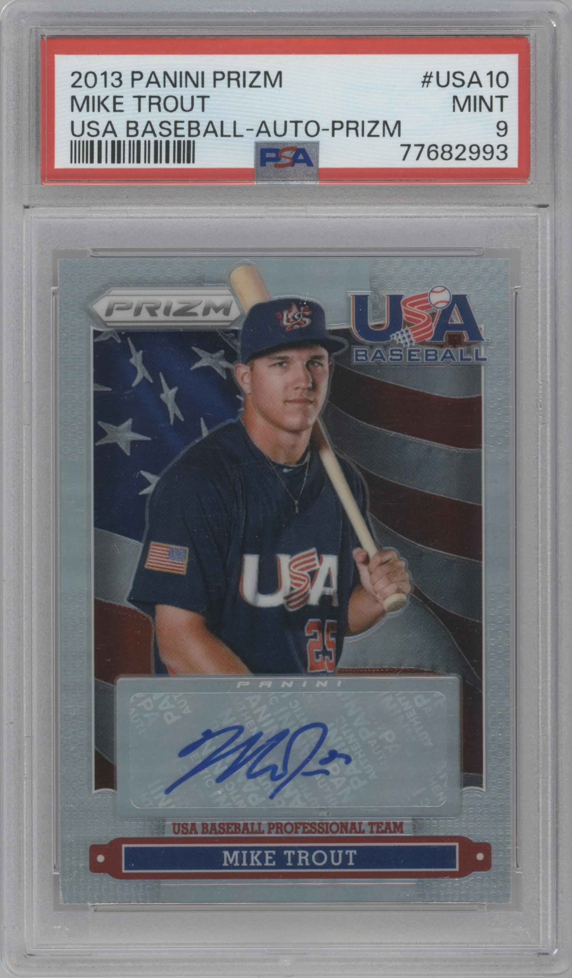Mike Trout from the 2013 Panini Prizm set featuring a Base Prizm Signatures parallel graded by PSA and given an overall grade of 9.