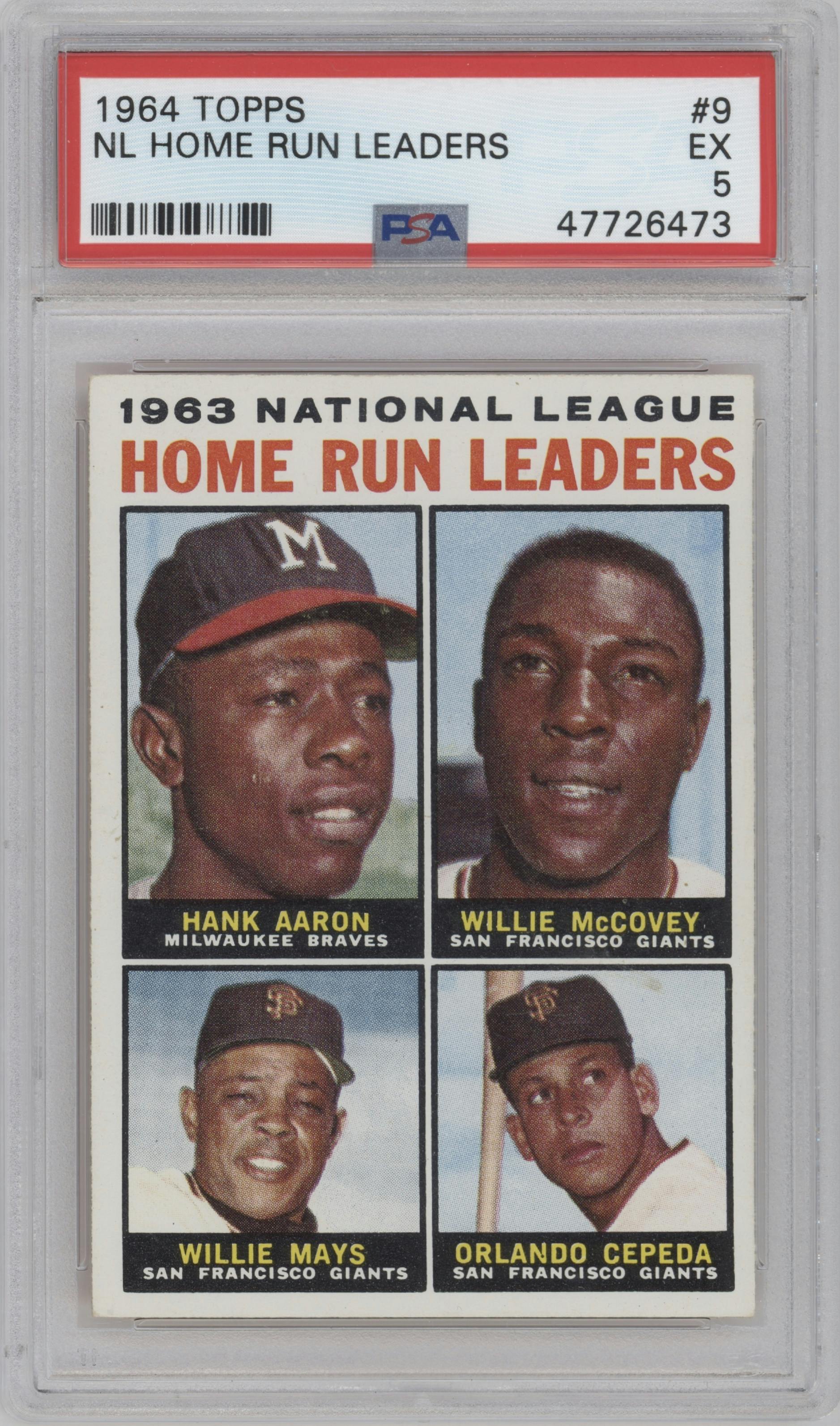 Hank Aaron / Willie McCovey / Willie Mays / Orlando Cepeda from the 1964 Topps set graded by PSA and given an overall grade of 5.