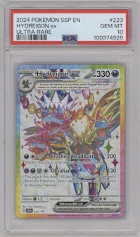 Hydreigon ex from the 2024 Pokemon SV set graded by PSA and given an overall grade of 10.