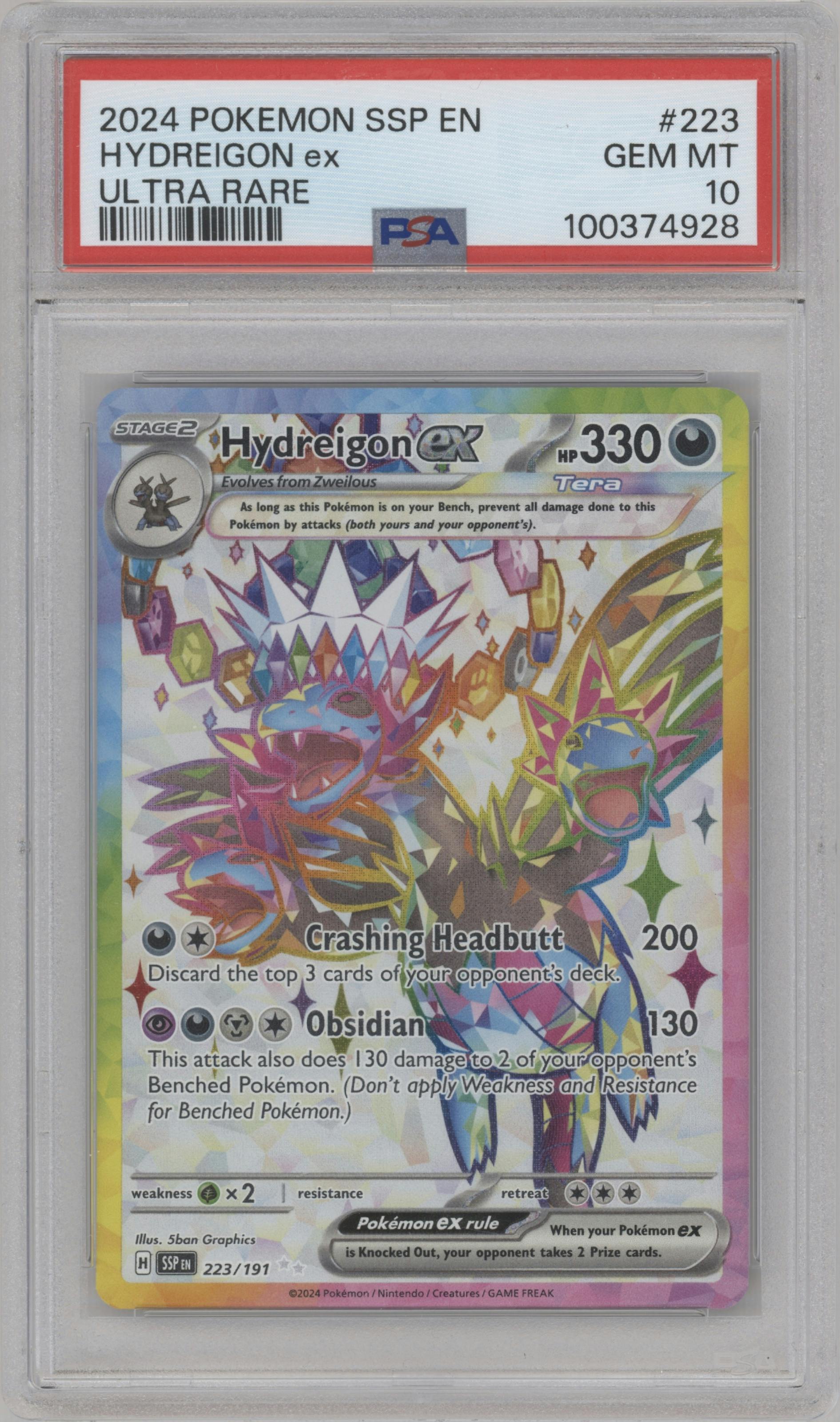 Hydreigon ex from the 2024 Pokemon SV set graded by PSA and given an overall grade of 10.