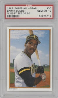 Barry Bonds from the 1987 Topps set graded by PSA and given an overall grade of 10.