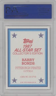 Barry Bonds from the 1987 Topps set graded by PSA and given an overall grade of 10.