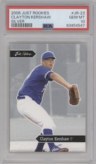 Clayton Kershaw from the 2006 Just Rookies set featuring a Silver parallel graded by PSA and given an overall grade of 10.