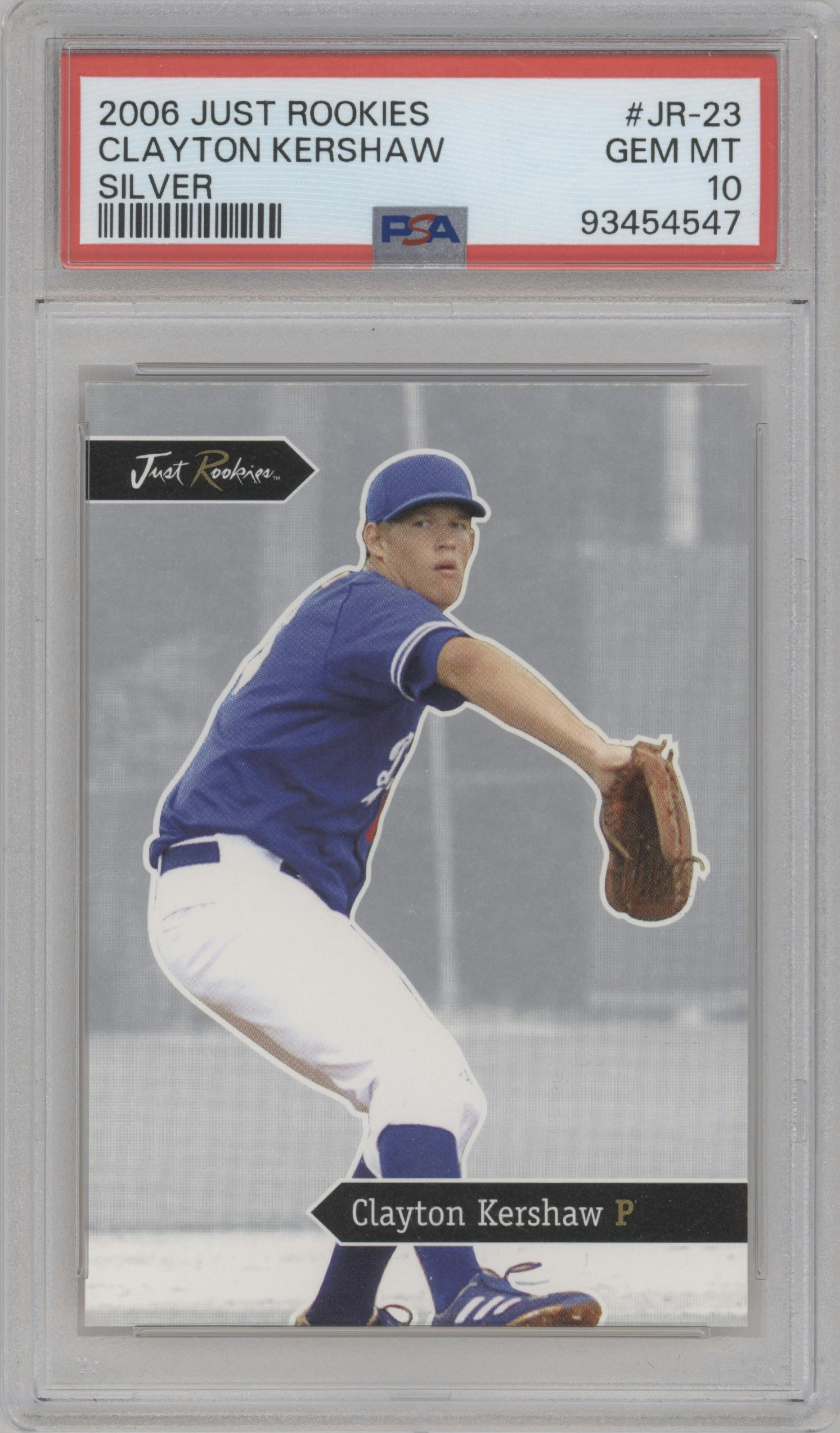 Clayton Kershaw from the 2006 Just Rookies set featuring a Silver parallel graded by PSA and given an overall grade of 10.