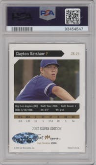 Clayton Kershaw from the 2006 Just Rookies set featuring a Silver parallel graded by PSA and given an overall grade of 10.