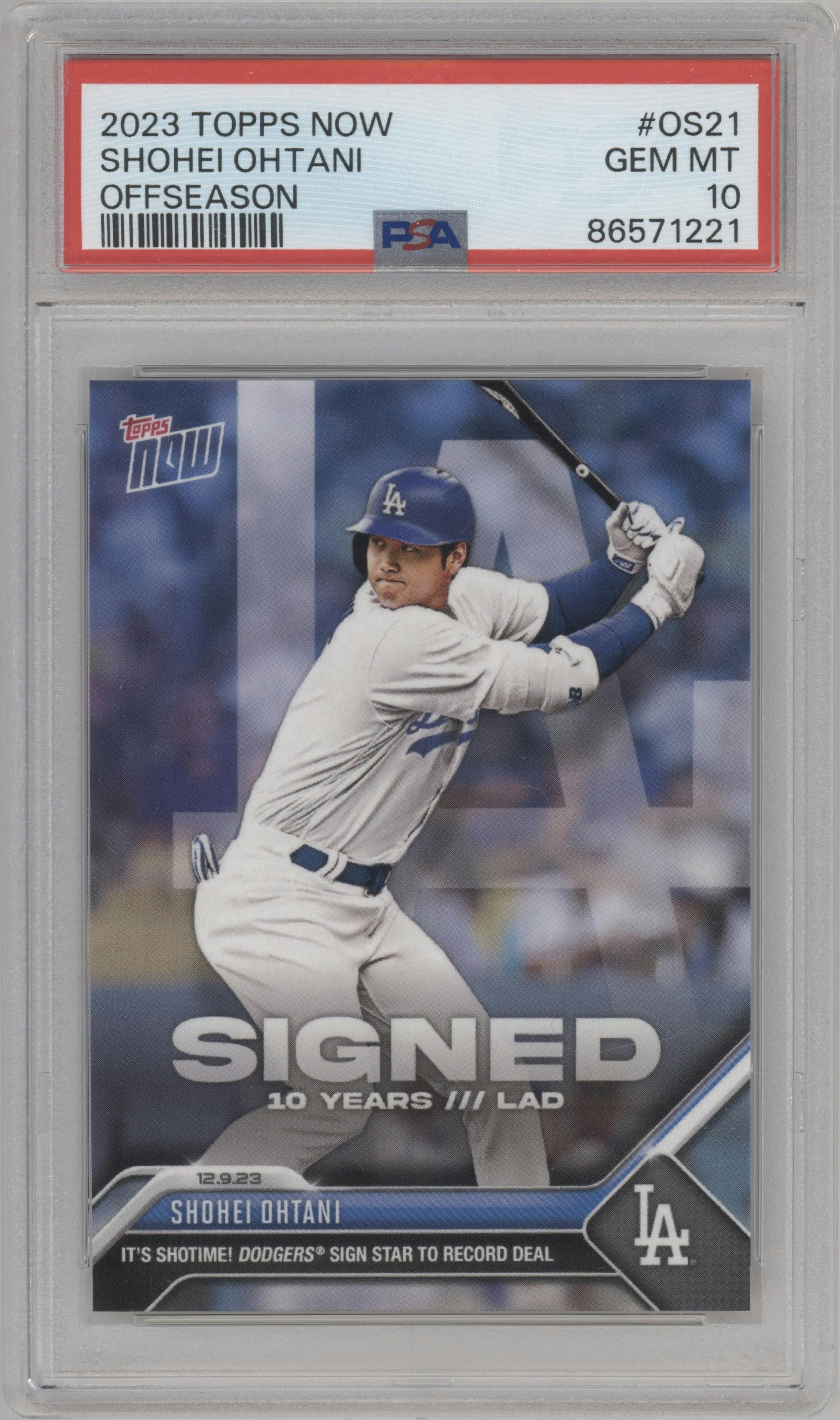 Shohei Ohtani from the 2023-24 Topps Now Off-Season set graded by PSA and given an overall grade of 10.
