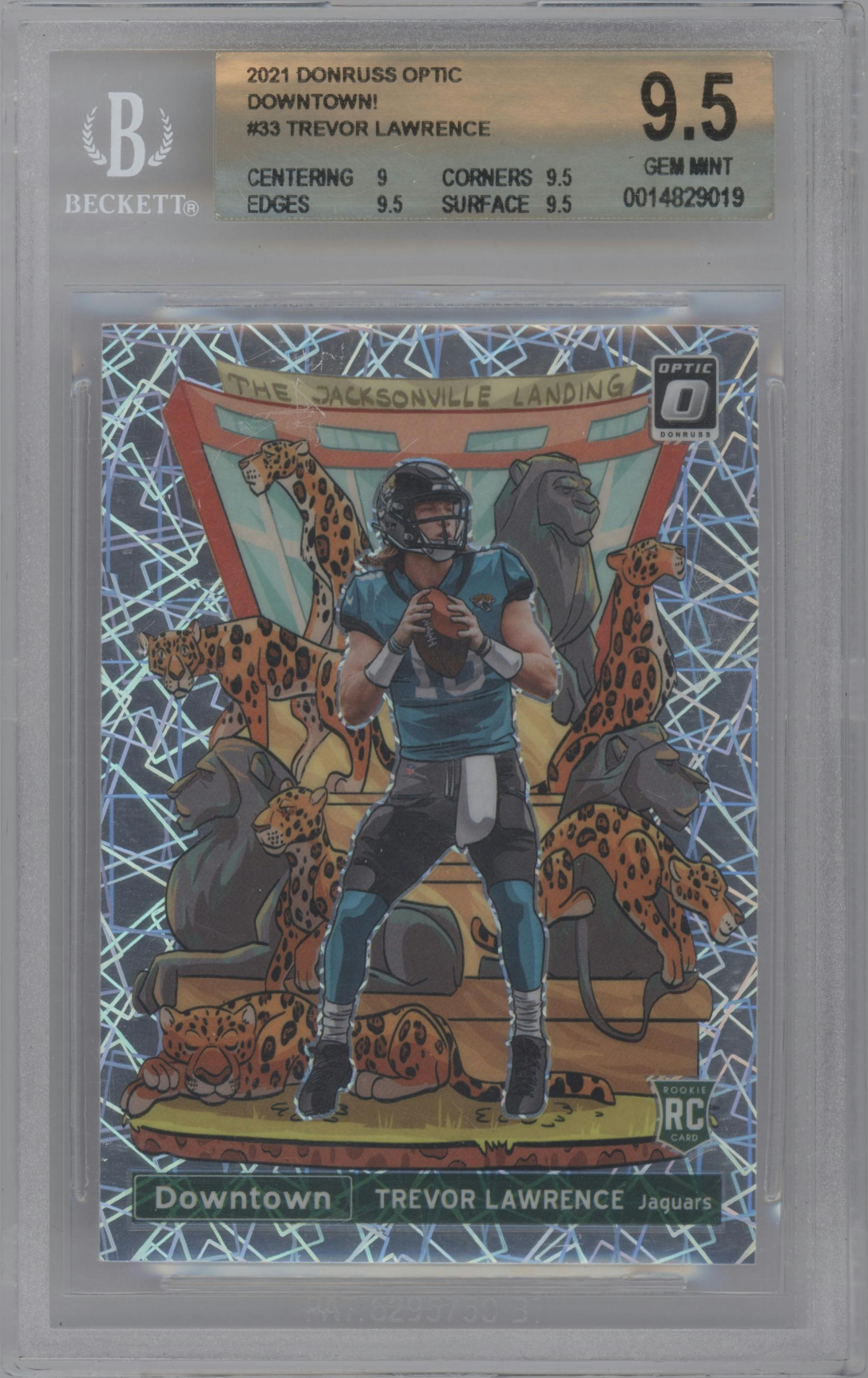 Trevor Lawrence from the 2021 Panini Donruss Optic set graded by Beckett and given an overall grade of 9.5.