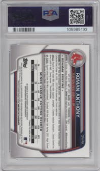 Roman Anthony from the 2023 Bowman  set featuring a Speckle Refractor parallel graded by PSA and given an overall grade of 9.