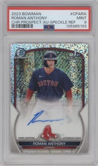 Roman Anthony from the 2023 Bowman  set featuring a Speckle Refractor parallel graded by PSA and given an overall grade of 9.