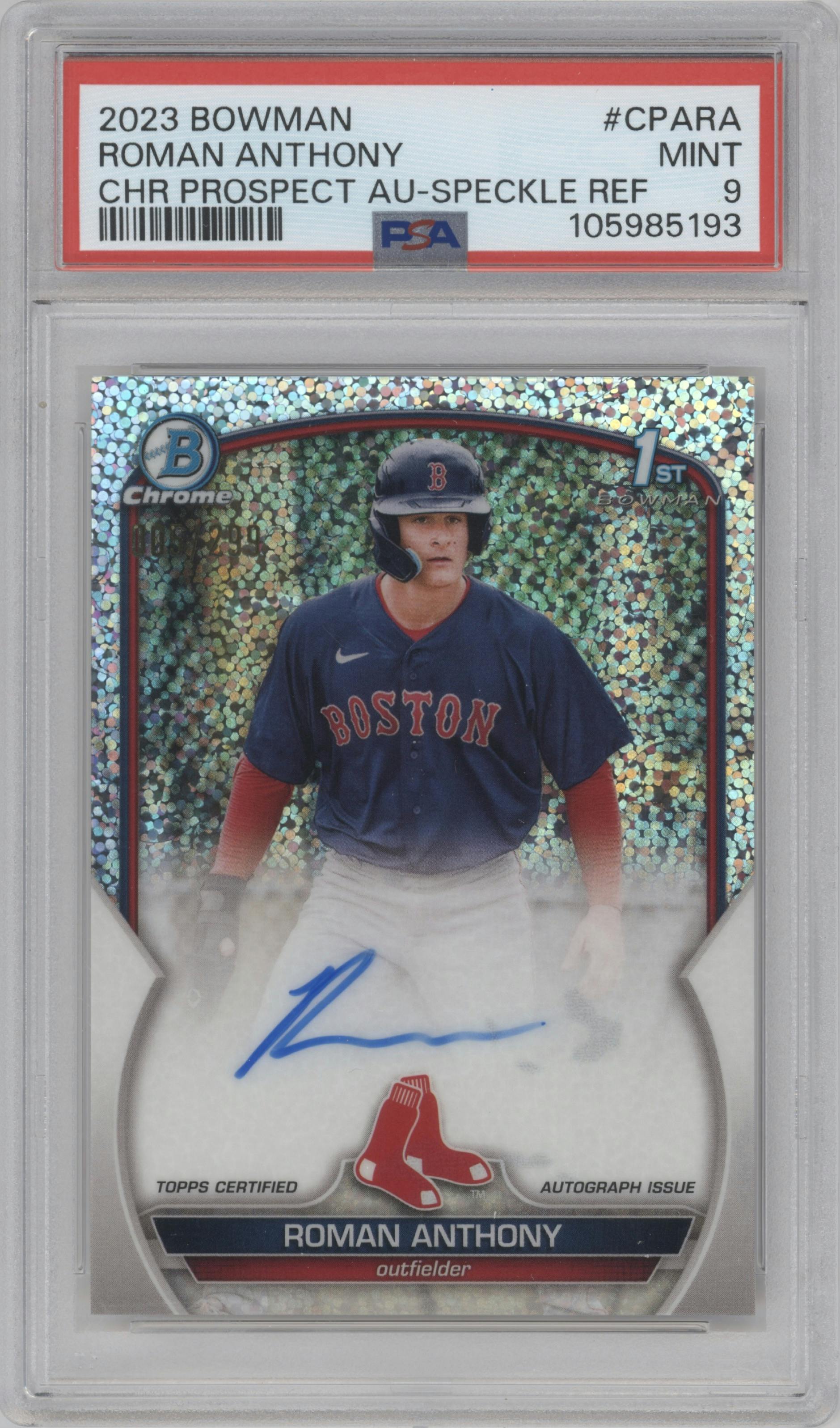 Roman Anthony from the 2023 Bowman  set featuring a Speckle Refractor parallel graded by PSA and given an overall grade of 9.