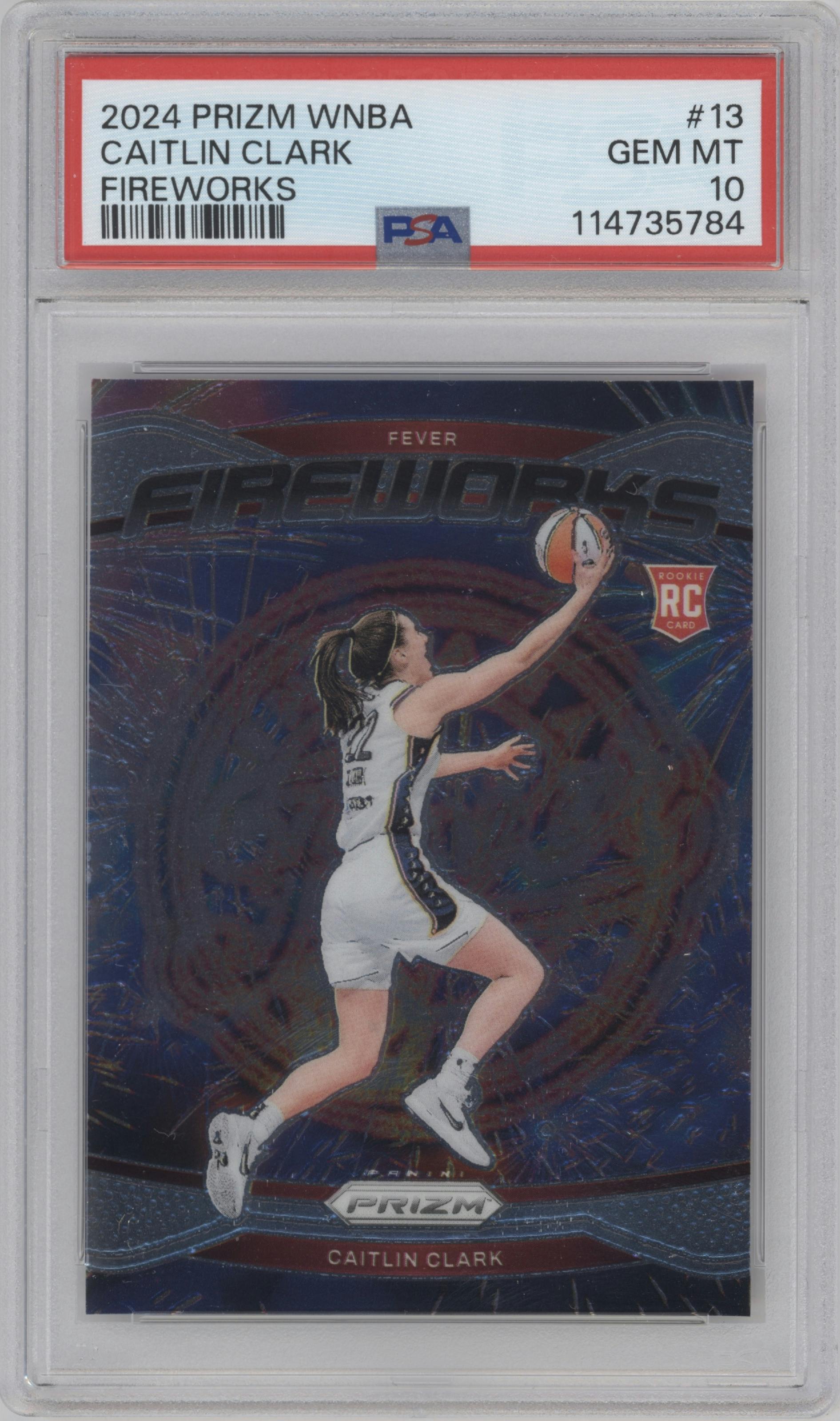 Caitlin Clark from the 2024 Panini Prizm WNBA set graded by PSA and given an overall grade of 10.