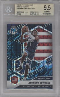 Anthony Edwards from the 2020-21 Panini Mosaic set featuring a Genesis  parallel graded by Beckett and given an overall grade of 9.5.