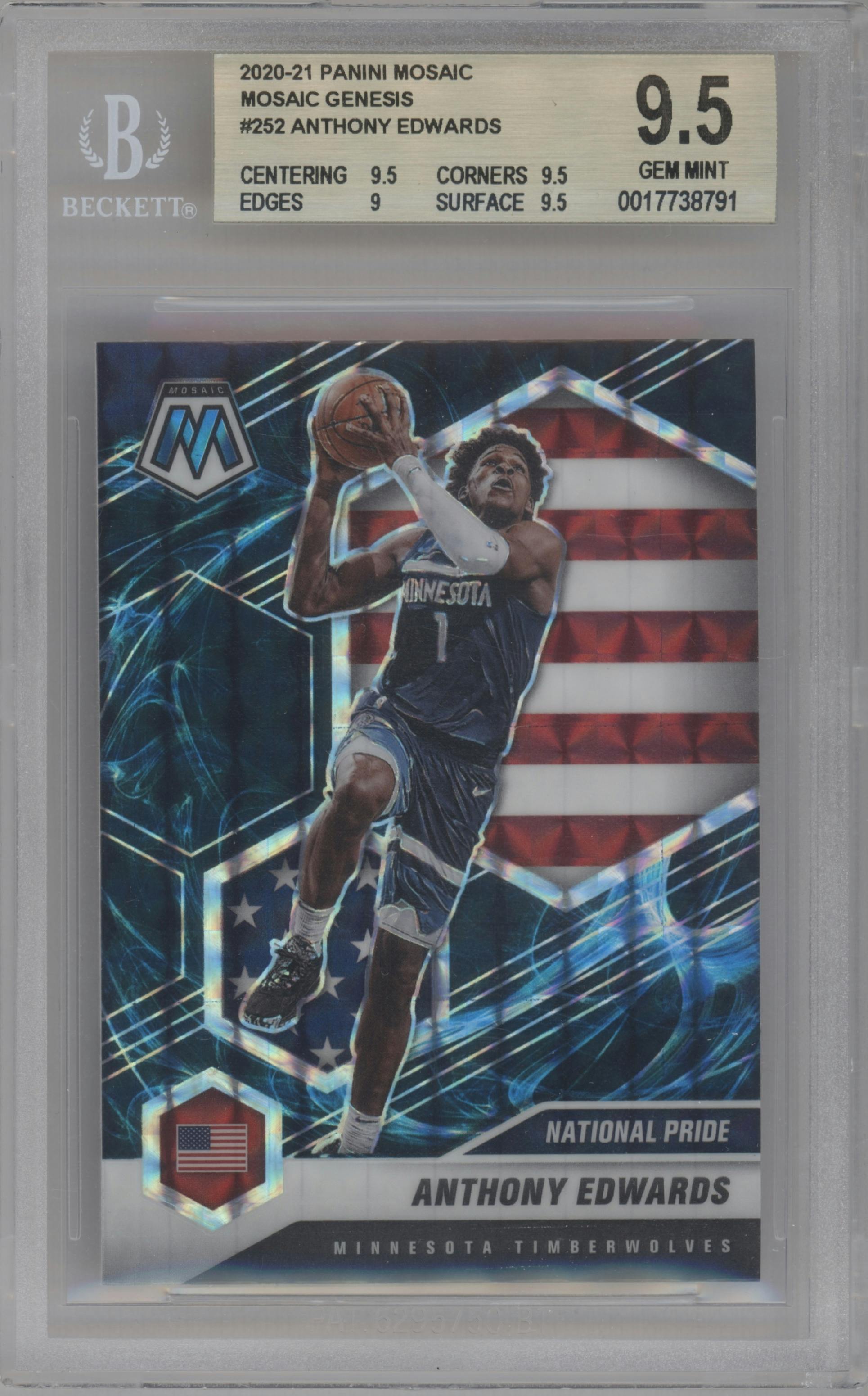 Anthony Edwards from the 2020-21 Panini Mosaic set featuring a Genesis  parallel graded by Beckett and given an overall grade of 9.5.