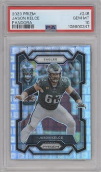 Jason Kelce from the 2023 Panini Prizm set featuring a Pandora parallel graded by PSA and given an overall grade of 10.
