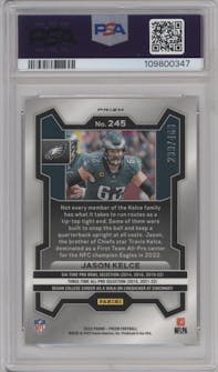 Jason Kelce from the 2023 Panini Prizm set featuring a Pandora parallel graded by PSA and given an overall grade of 10.