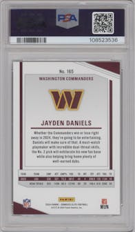 Jayden Daniels from the 2024 Panini Donruss Elite set featuring a Green Disco parallel graded by PSA and given an overall grade of 9.