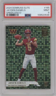 Jayden Daniels from the 2024 Panini Donruss Elite set featuring a Green Disco parallel graded by PSA and given an overall grade of 9.