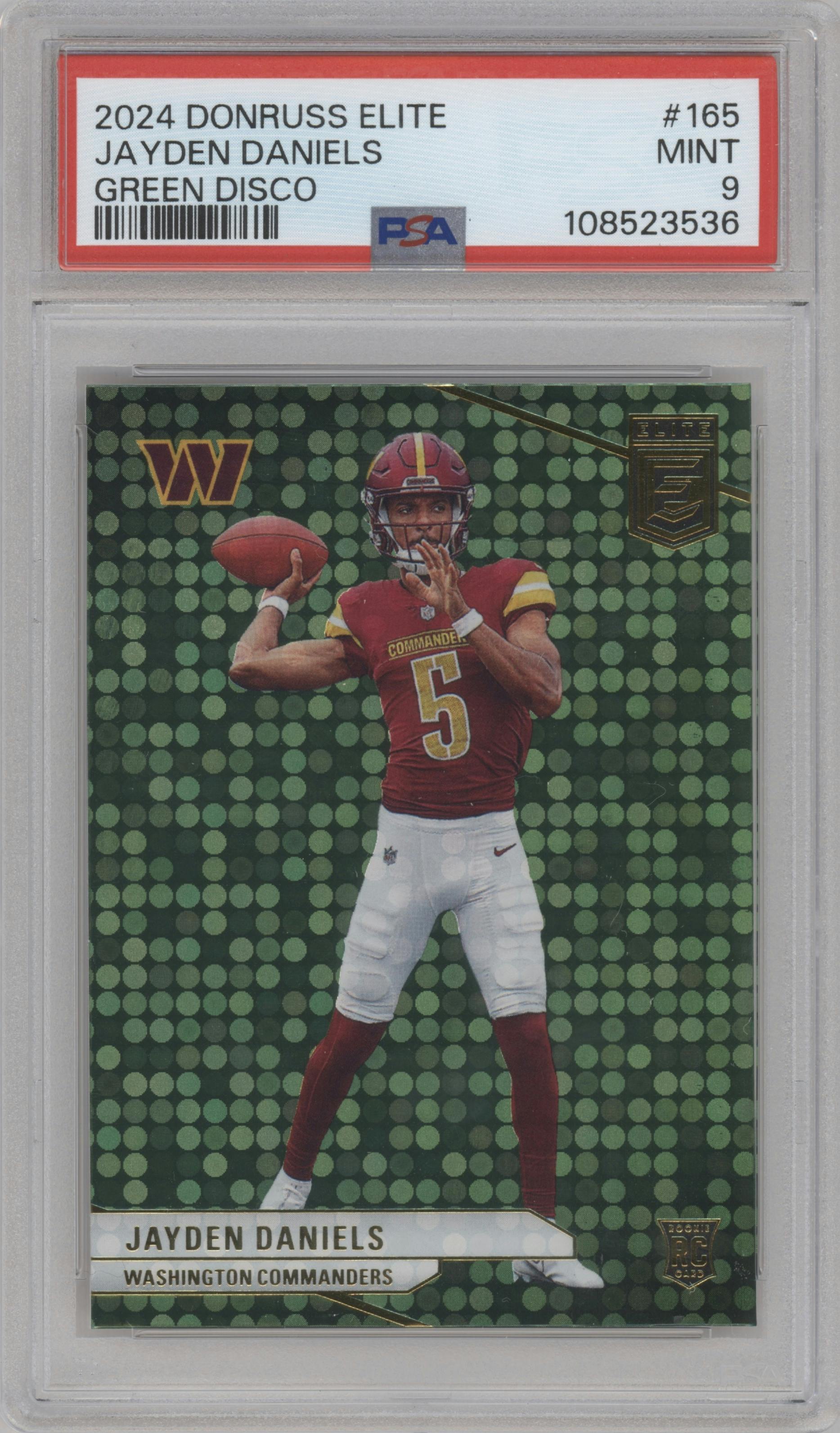 Jayden Daniels from the 2024 Panini Donruss Elite set featuring a Green Disco parallel graded by PSA and given an overall grade of 9.
