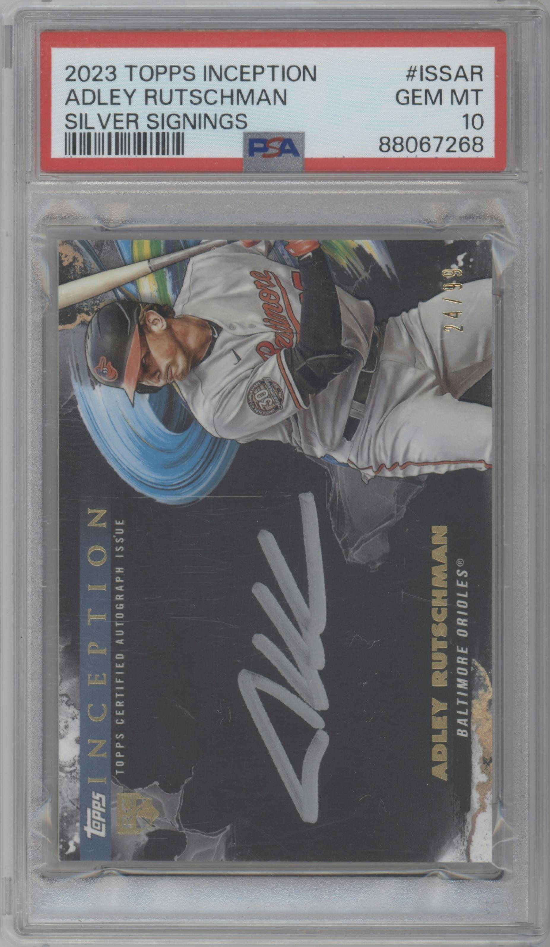 Adley Rutschman from the 2023 Topps Inception set graded by PSA and given an overall grade of 10.