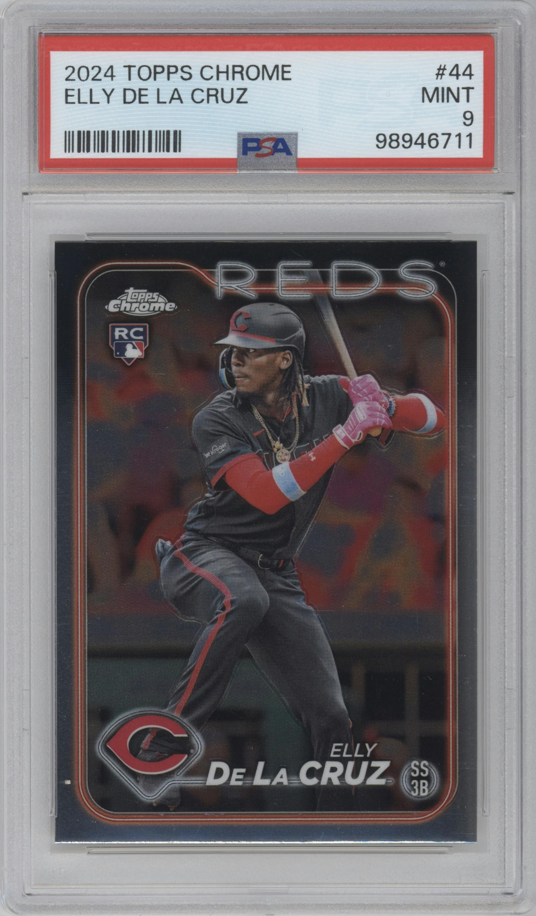 Elly De La Cruz from the 2024 Topps Chrome set graded by PSA and given an overall grade of 9.
