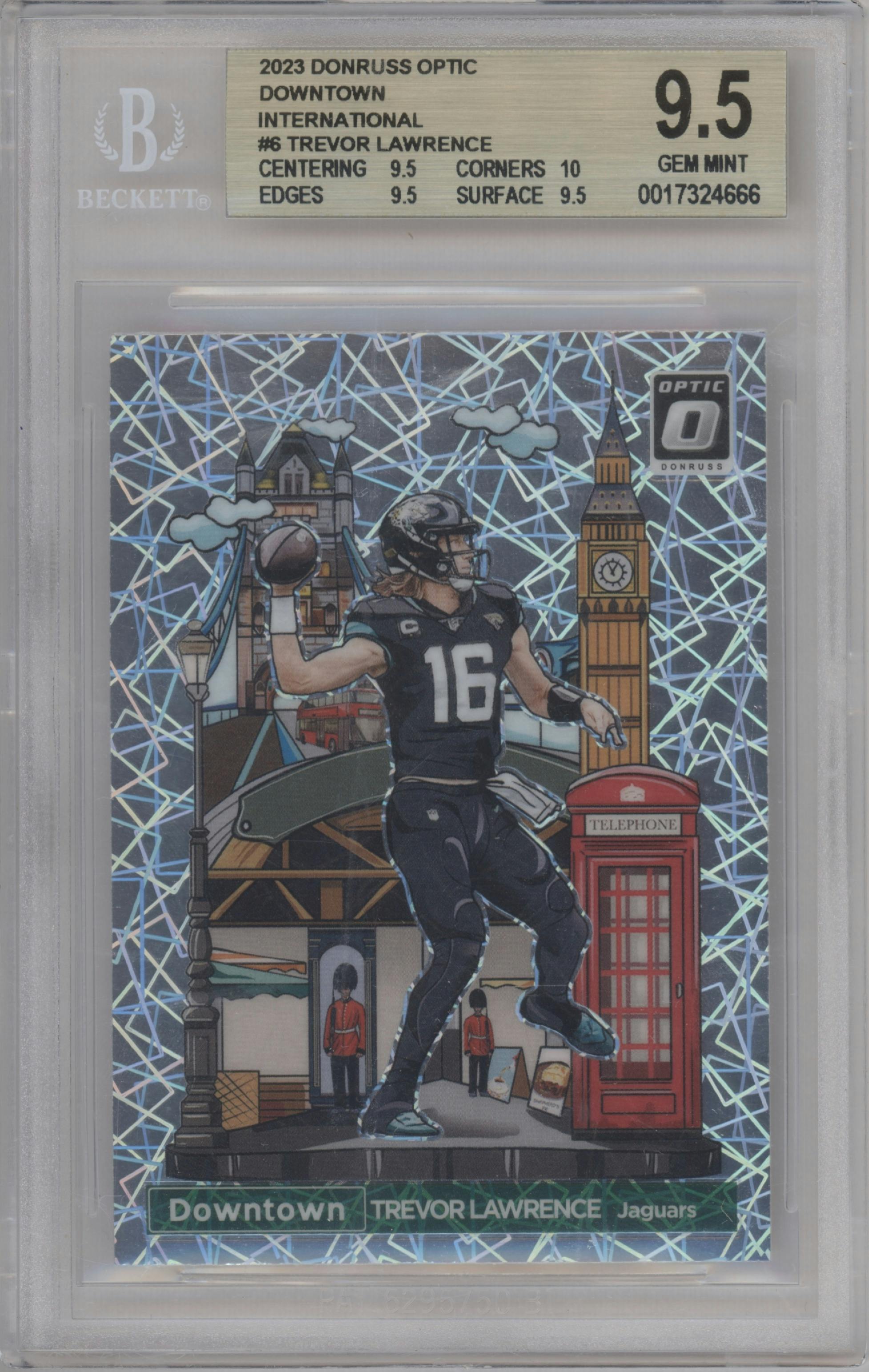 Trevor Lawrence from the 2023 Donruss Optic set graded by Beckett and given an overall grade of 9.5.