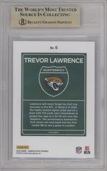 Trevor Lawrence from the 2023 Donruss Optic set graded by Beckett and given an overall grade of 9.5.