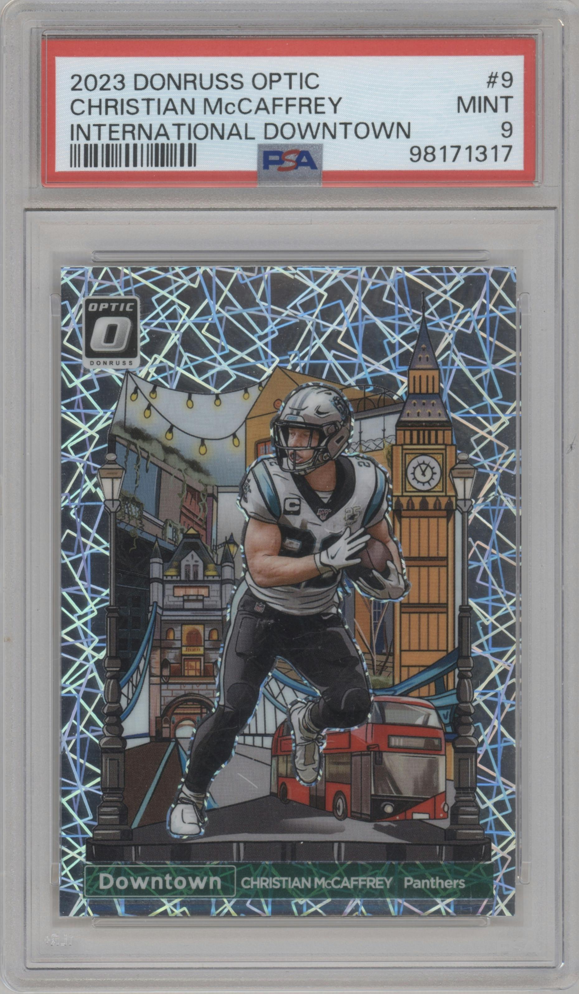 Christian McCaffrey from the 2023 Donruss Optic set graded by PSA and given an overall grade of 9.