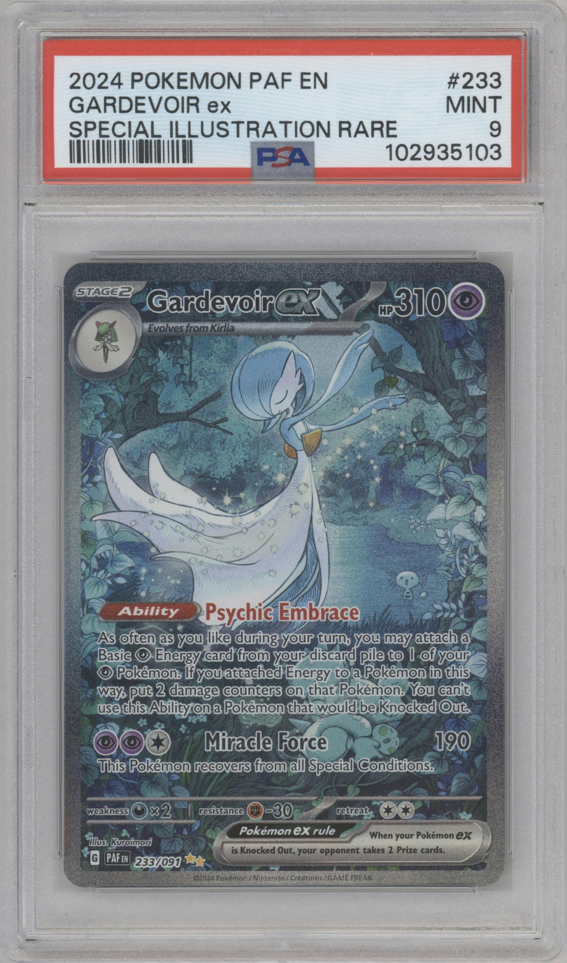 Gardevoir ex from the 2024 Pokemon SV set graded by PSA and given an overall grade of 9.