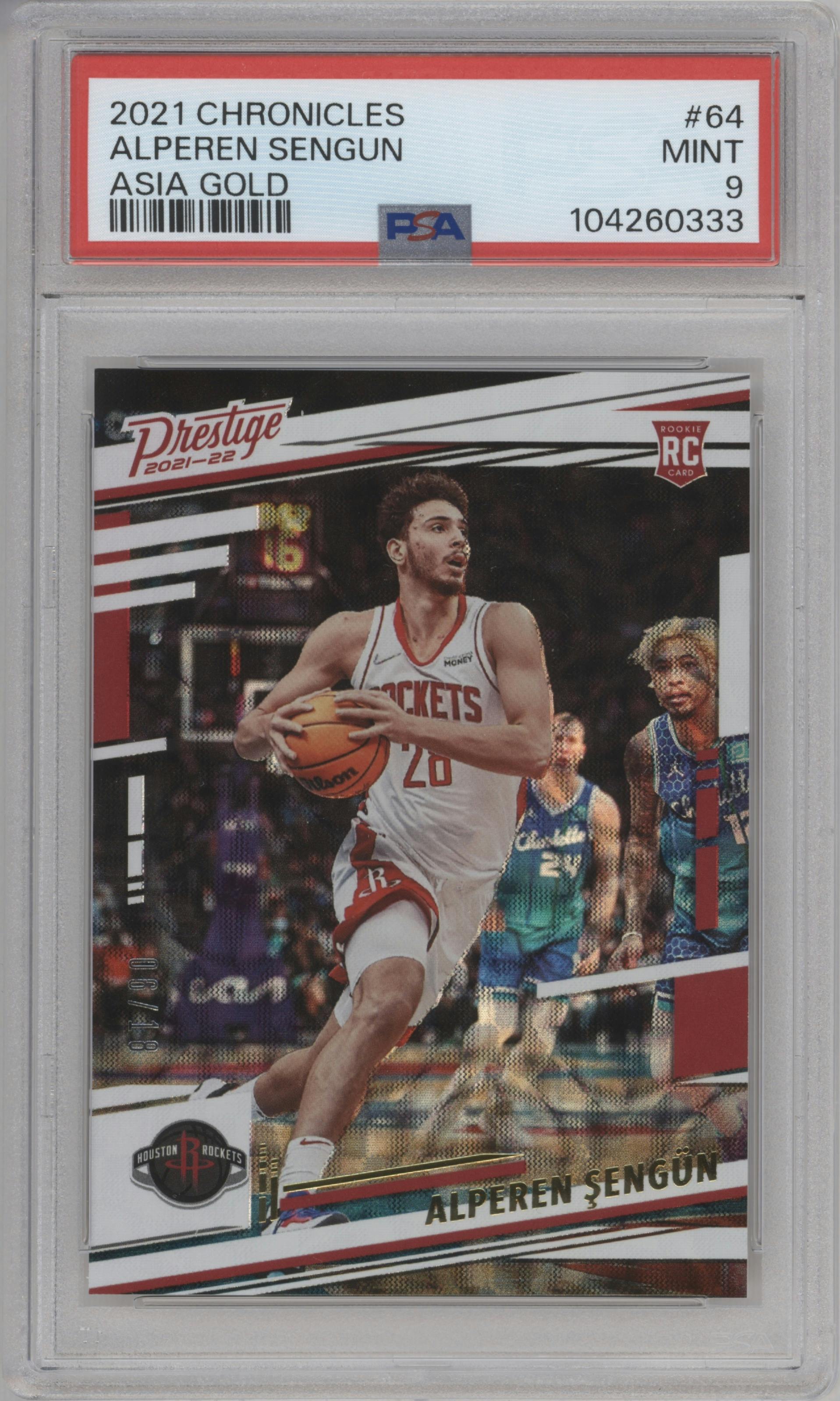 Alperen Sengun from the 2021-22 Panini Chronicles set featuring a Asia Gold parallel graded by PSA and given an overall grade of 9.