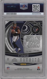 C.J. Stroud from the 2023 Panini Spectra set featuring a Astral parallel graded by PSA and given an overall grade of 9.