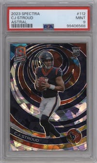 C.J. Stroud from the 2023 Panini Spectra set featuring a Astral parallel graded by PSA and given an overall grade of 9.