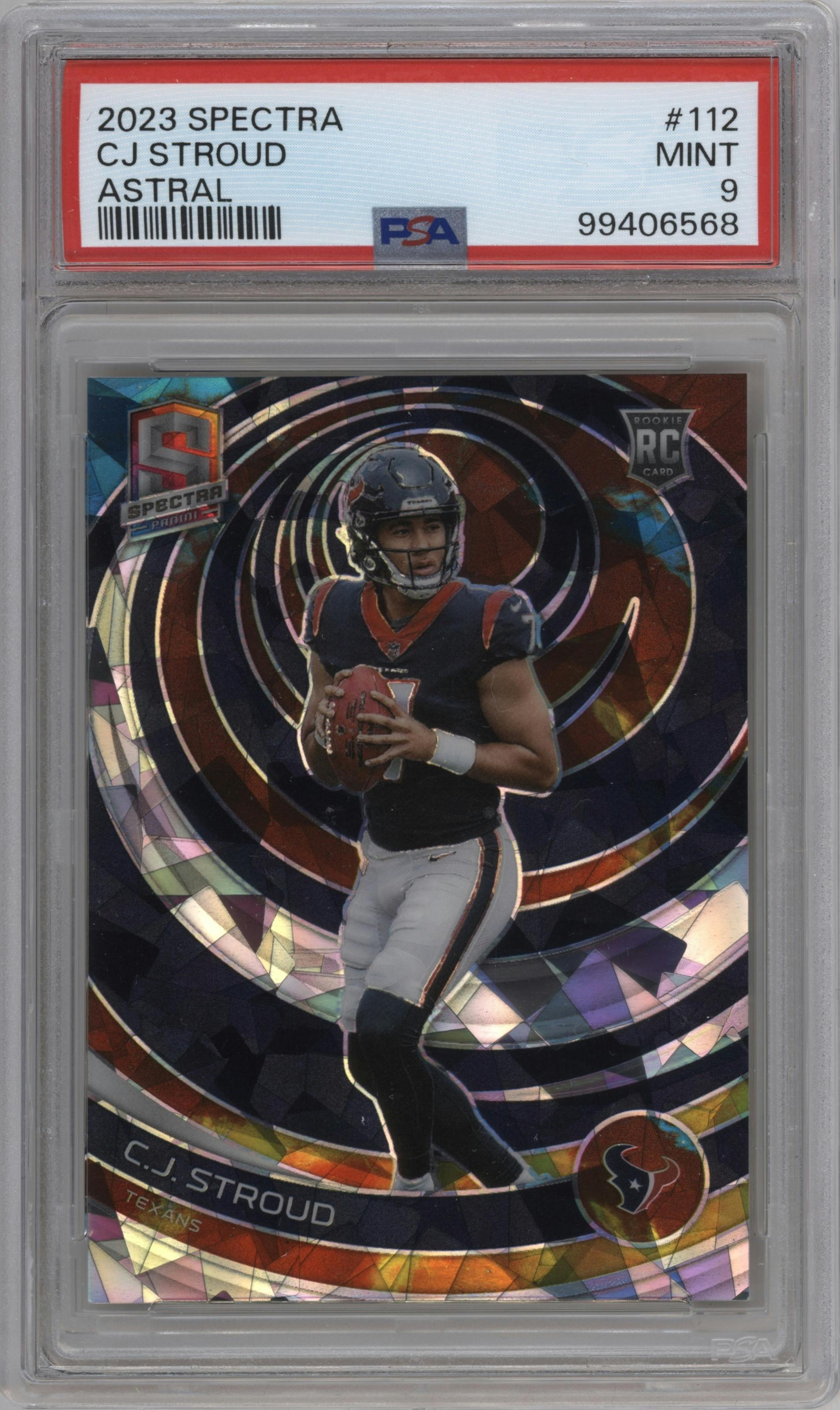 C.J. Stroud from the 2023 Panini Spectra set featuring a Astral parallel graded by PSA and given an overall grade of 9.