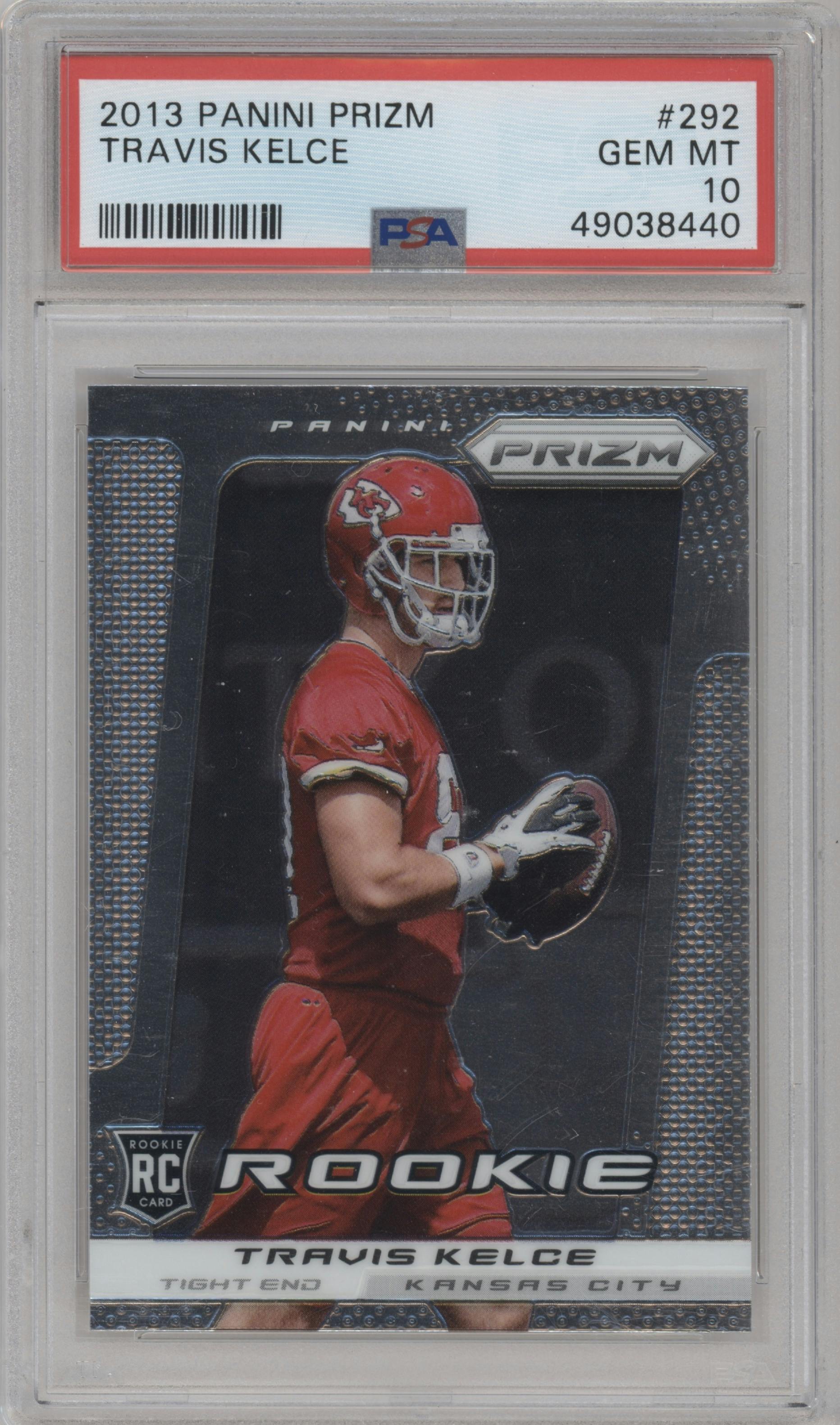 Travis Kelce from the 2013 Panini Prizm set graded by PSA and given an overall grade of 10.