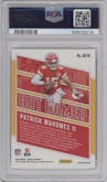 Patrick Mahomes II from the 2020 Panini Mosaic set featuring a Green Mosaic parallel graded by PSA and given an overall grade of 10.