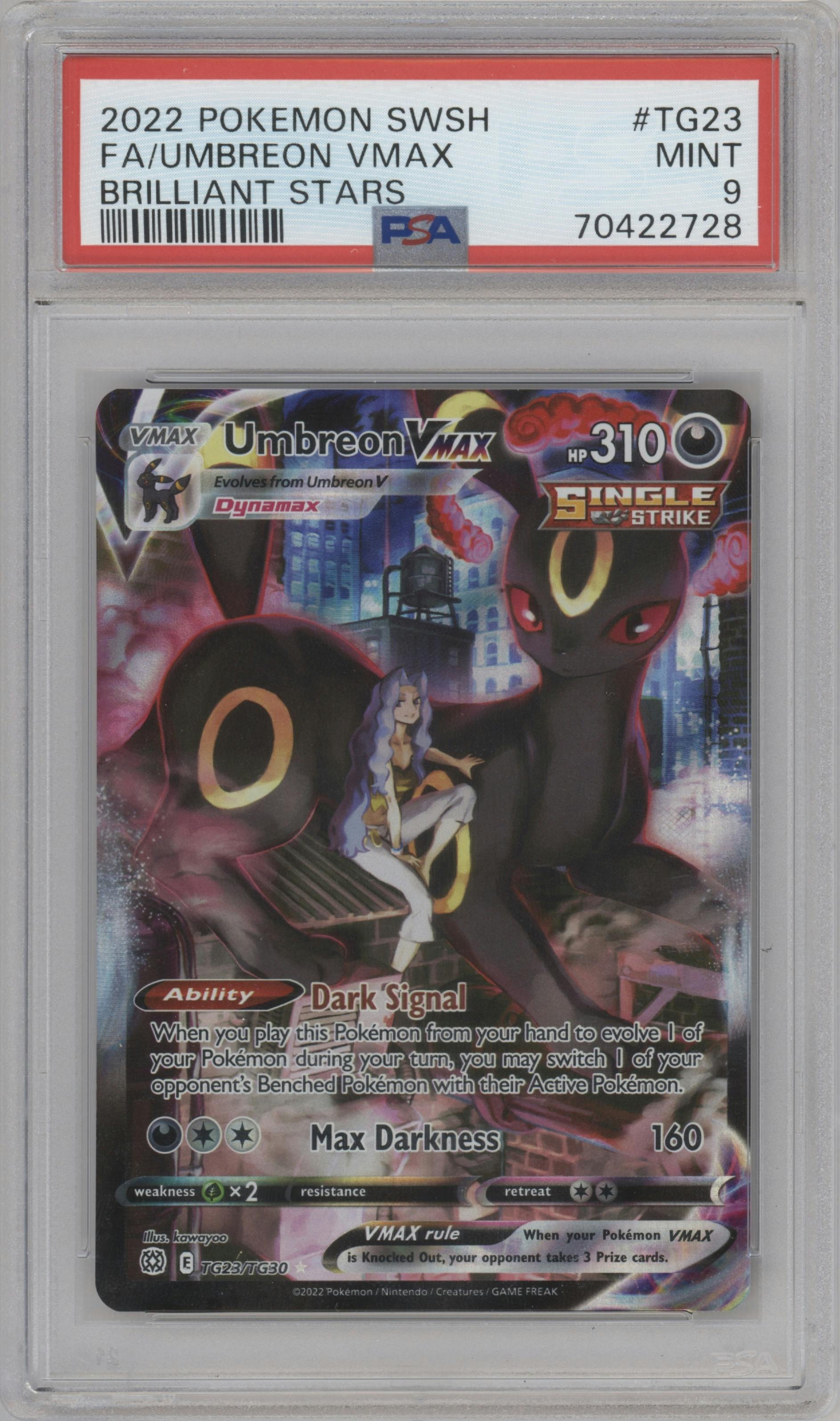 Umbreon VMAX from the 2022 Pokemon SWSH set graded by PSA and given an overall grade of 9.
