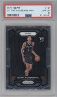 Victor Wembanyama from the 2023-24 Panini Prizm set graded by PSA and given an overall grade of 10.
