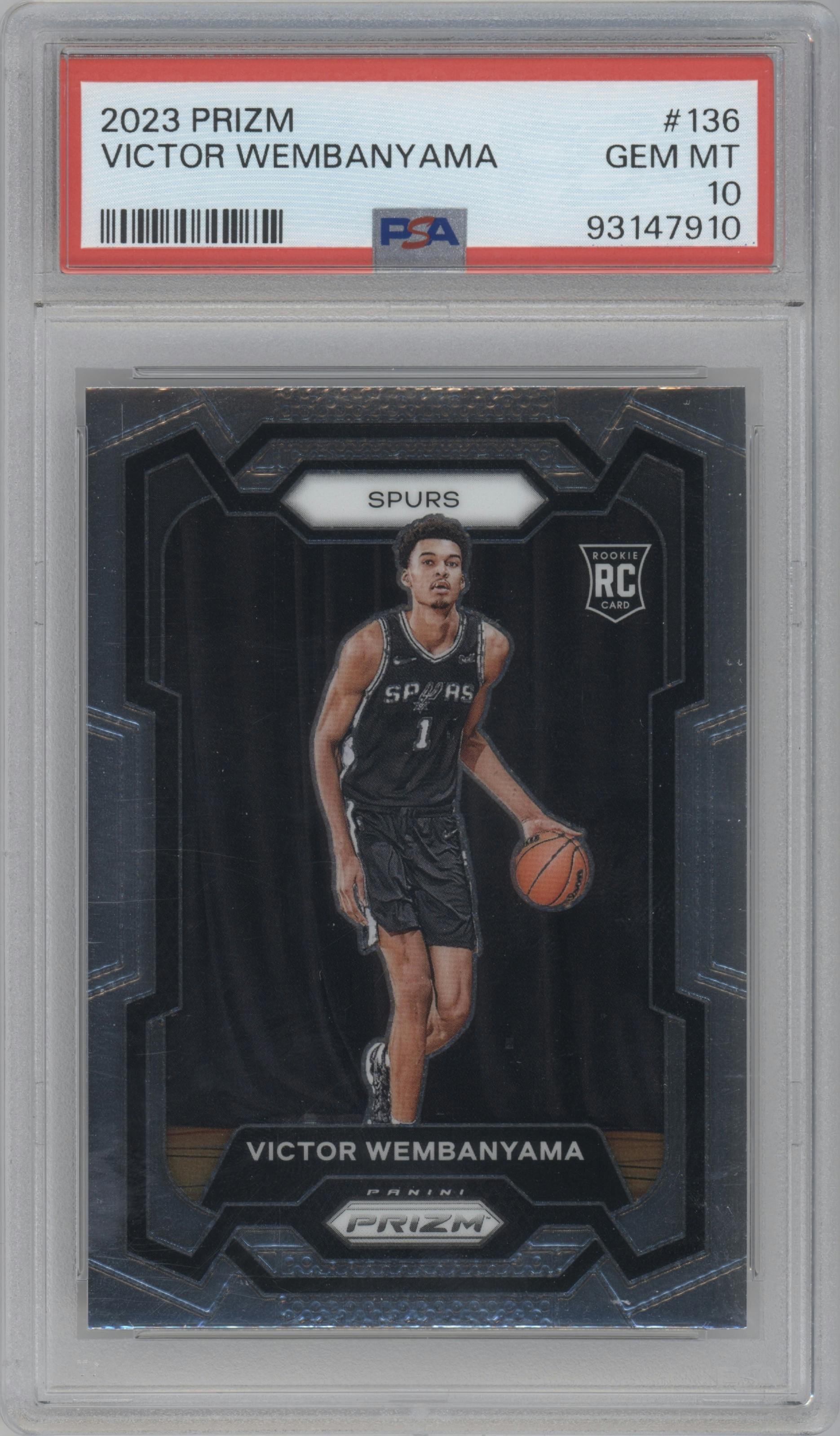 Victor Wembanyama from the 2023-24 Panini Prizm set graded by PSA and given an overall grade of 10.