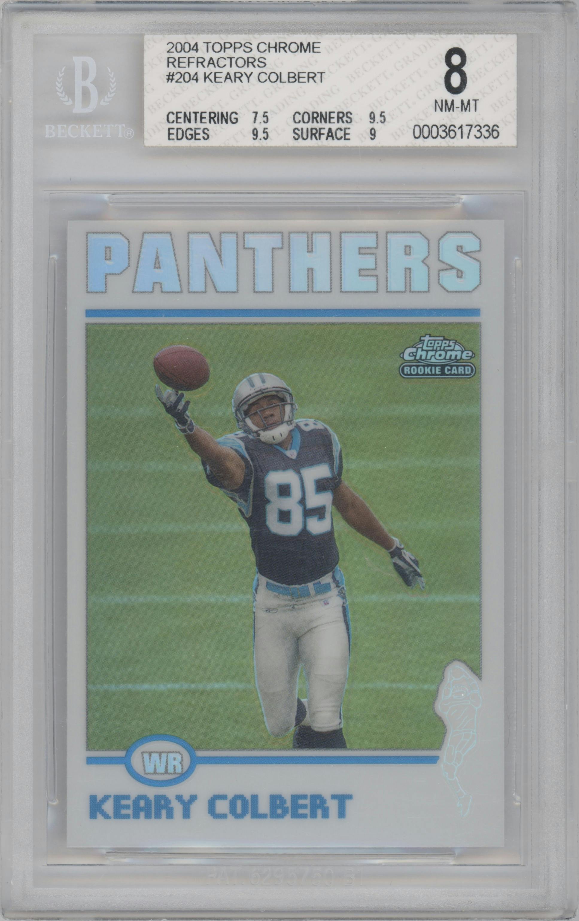 Keary Colbert from the 2004 Topps Chrome set featuring a Refractor parallel graded by Beckett and given an overall grade of 8.