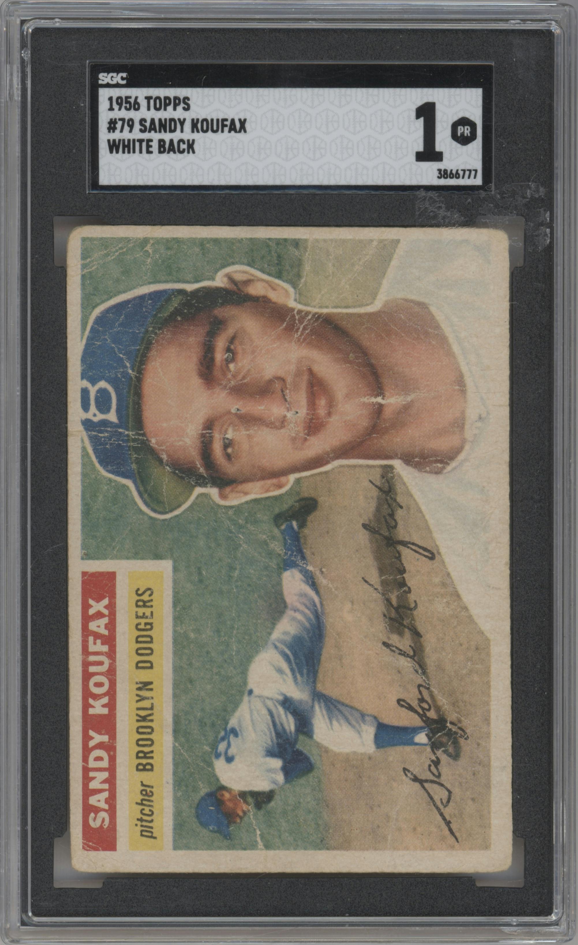 Sandy Koufax from the 1956 Topps set featuring a White Back parallel graded by SGC and given an overall grade of 1.